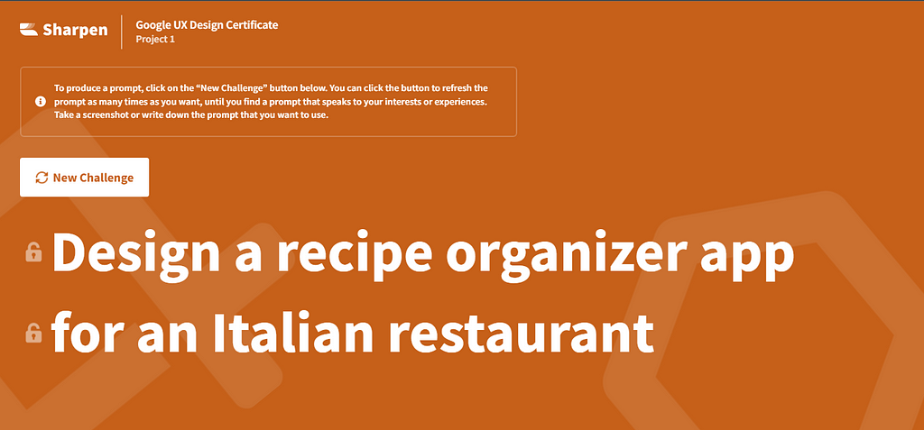 Screenshot of sharpen design challenge to design a recipe organizer for an Italian restaurant