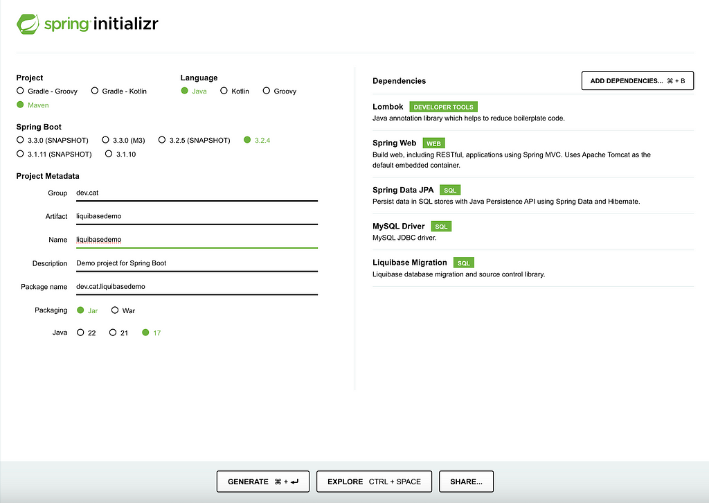 Main page of Spring Initializr with project settings