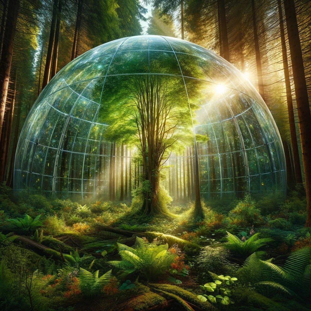 A captivating image of a crystal dome encompassing a lush forest. The dome is transparent, allowing a clear view of the vibrant green trees and divers.