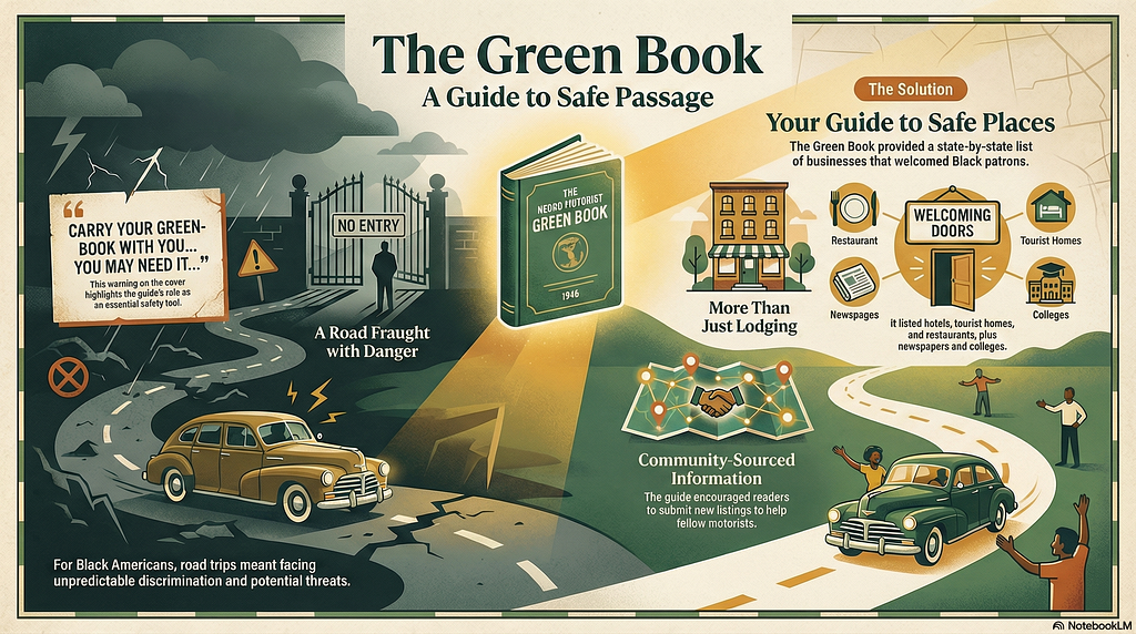 An illustrated infographic titled “The Green Book: A Guide to Safe Passage,” showing roads, cars, warning signs, and icons representing businesses that welcomed Black travelers.