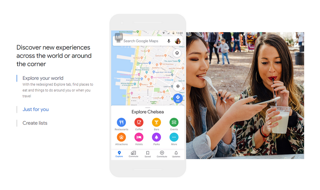 Screenshot pulled from Google Maps official website of new unreleased Google Maps explore