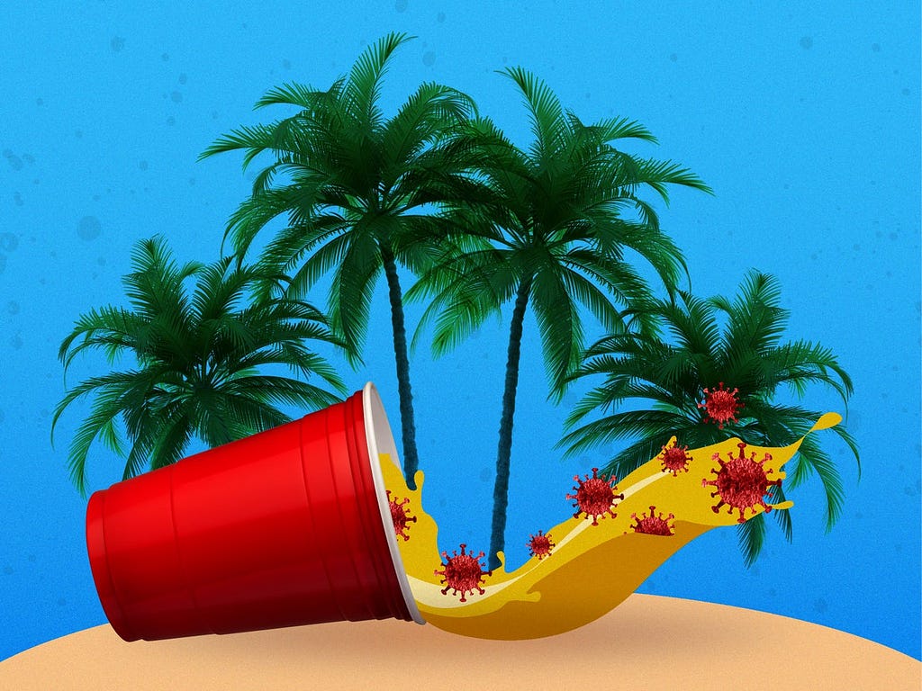 A red solo cup in front of palm trees.