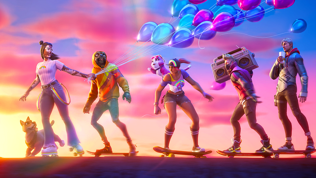 Fortnite’s characters skating with the sunset behind them