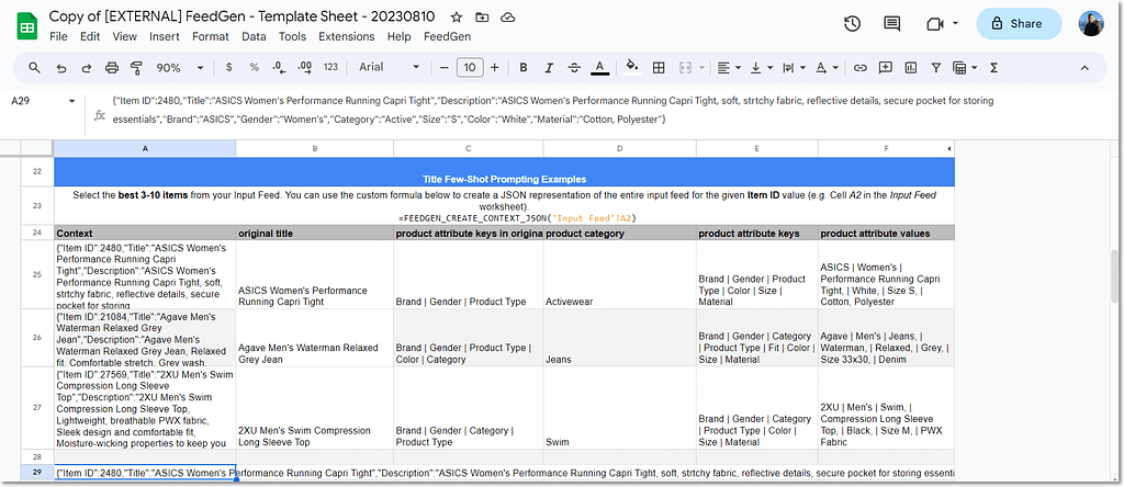 How the Few-Shot prompting looks like in the Sheets