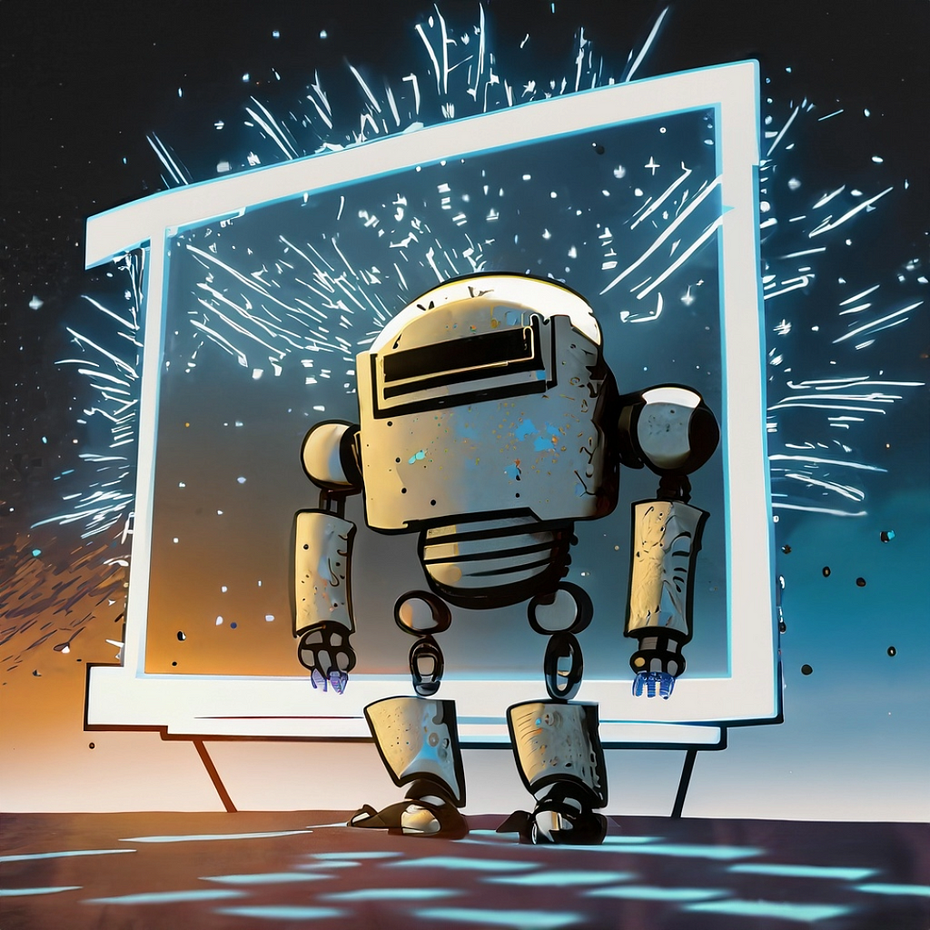 Graphic of a robot in front of a window with fireworks in the background.