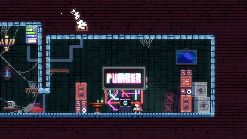 A screenshot of the map Pinball Purgatory. Madeline stands in front of a dark blue arcade machine with red, pink, and teal lights. Above the machine is a big screen that reads “Pumber.”