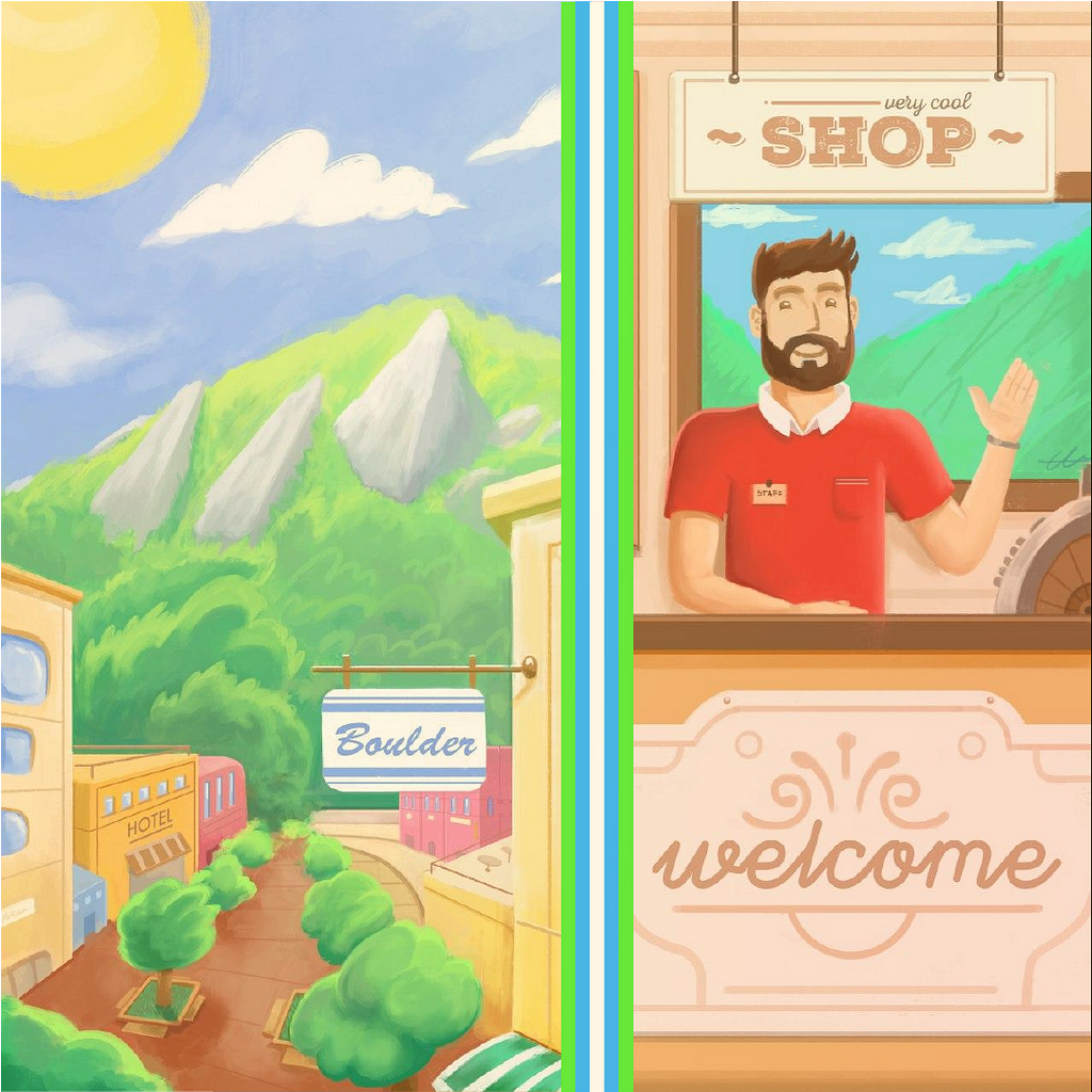 Image of a shop owner waving in front of the Boulder Flatirons.
