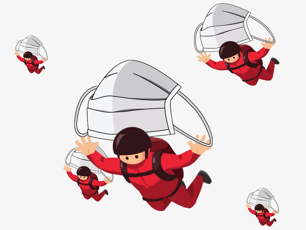 Illustration of skydivers using mouthcaps as parachutes