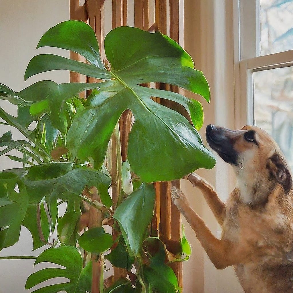 A dog is near Monstera plant