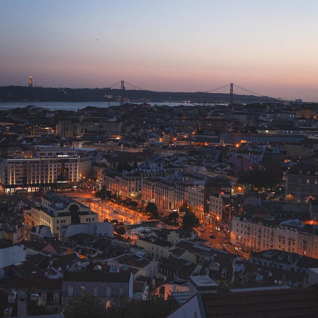 Lisbon, Portugal city skyline at sunset