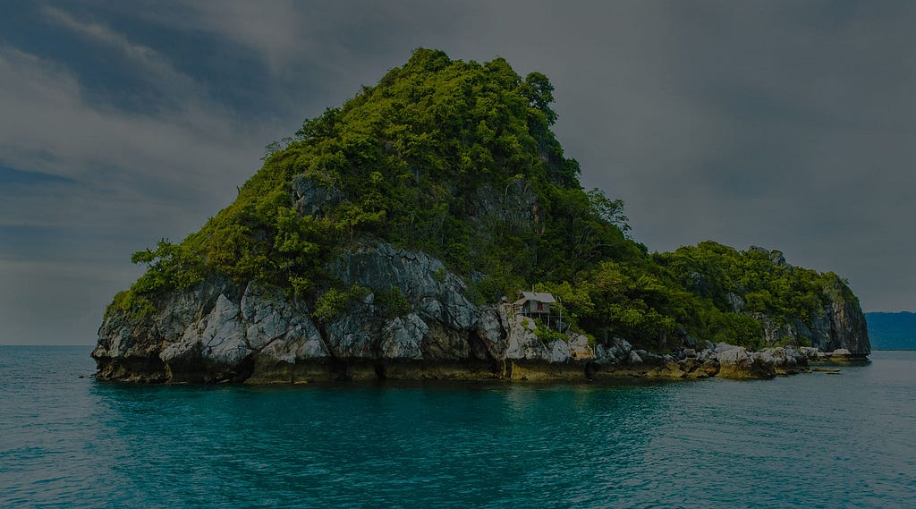 An island covered in intense green foliage.