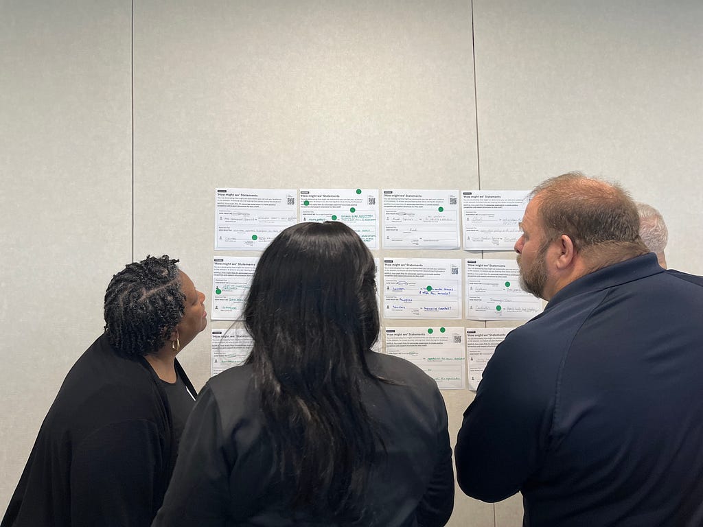 Four teammates look at ‘How Might We’ Statement cards and use green dots to vote on what they think is most important.