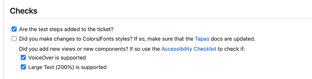 Screenshot of the Github Checklist rules we put in place related to Accessibility