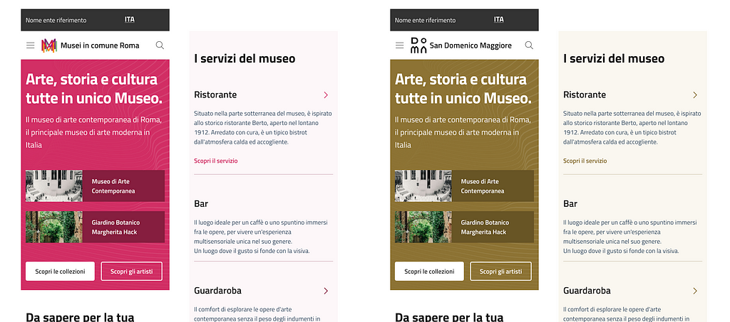 Due sezioni di homepage del sito colorate utilizzando i colori del brand museale