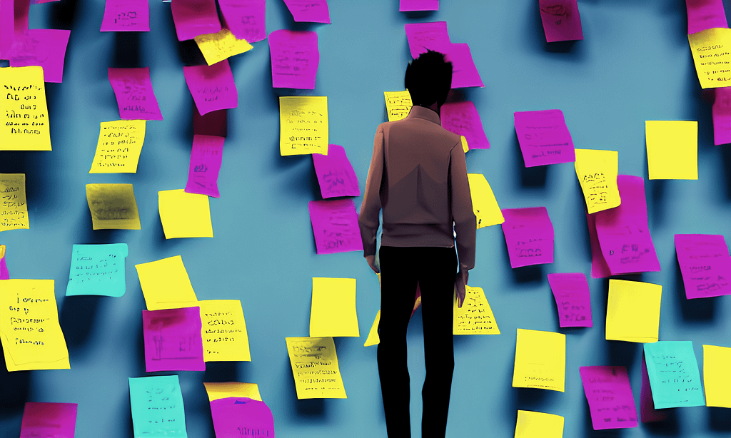 Person in front of a wall covered in colorful sticky notes