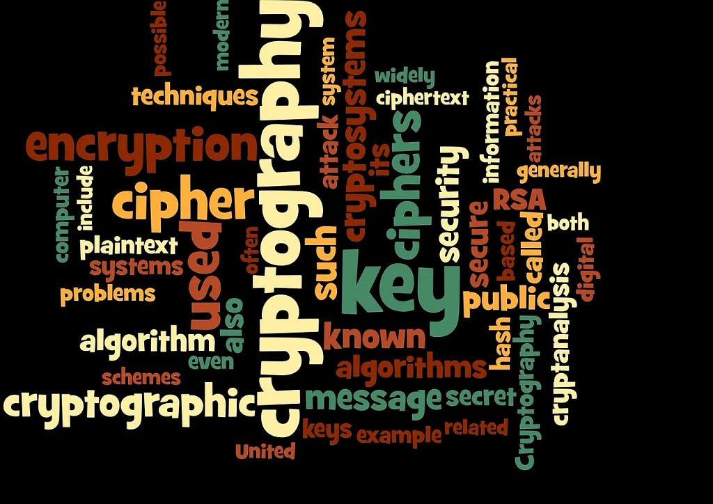 On a dark background, many technological words are written perpendicular to one another and in different colors. Such as ‘cryptography’, ‘key, ‘message’, ‘cipher’, ‘encryption’ etc.