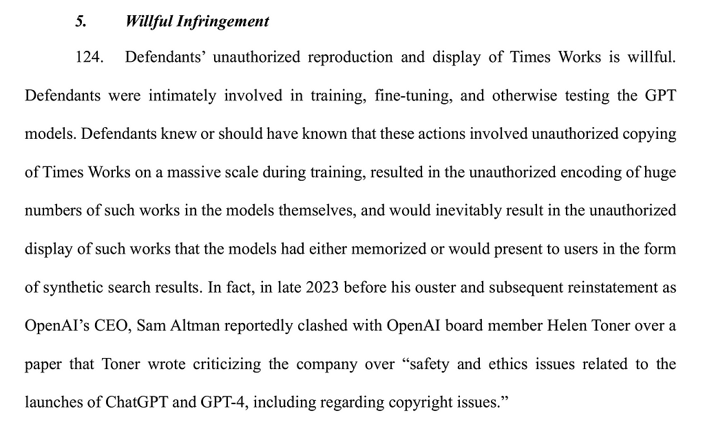 Excerpt from a legal document highlighting willful infringement by GPT models, noting defendants’ training and testing leading to massive unauthorized copying of Times Works. It mentions a clash between OpenAI’s CEO Sam Altman and board member Helen Toner over ethics and safety concerns.