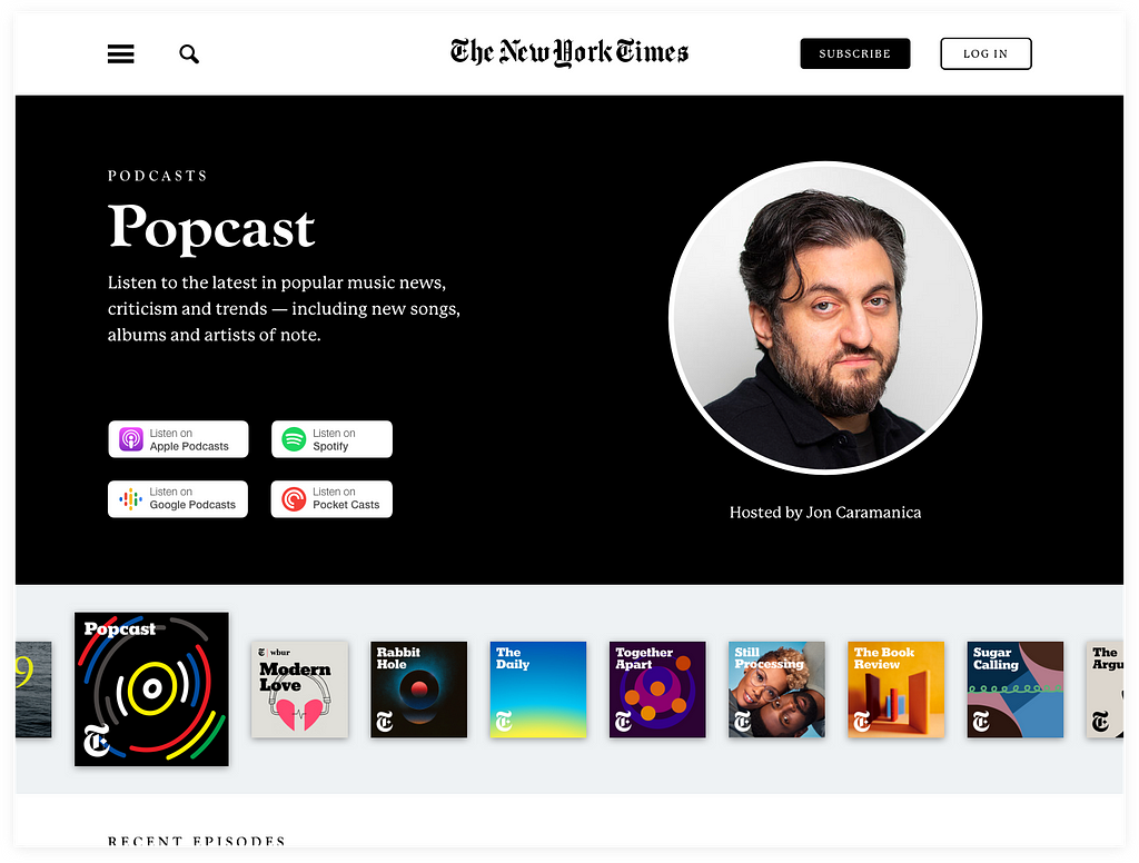 High-fidelity design of the Popcast podcast page.