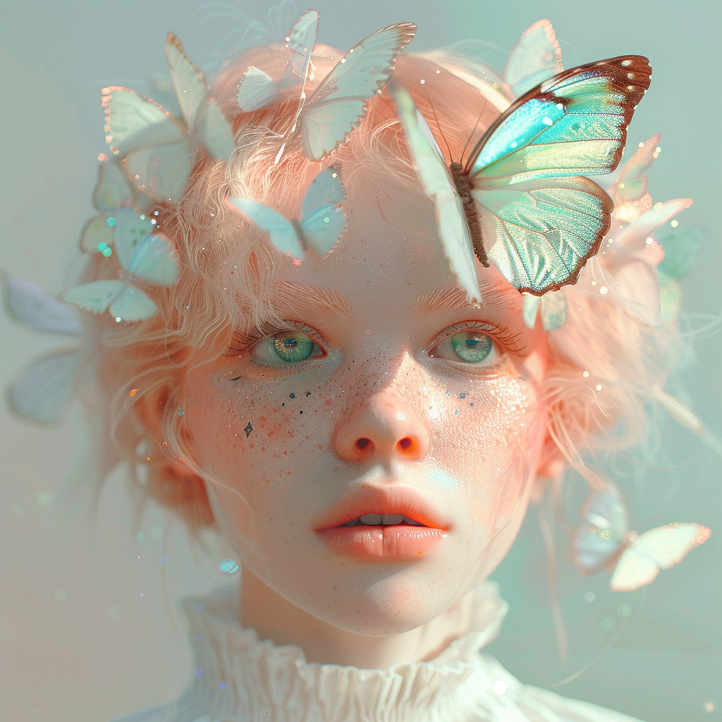 Hyperrealism art style A girl with butterfly on her head, fantasy, pastel color