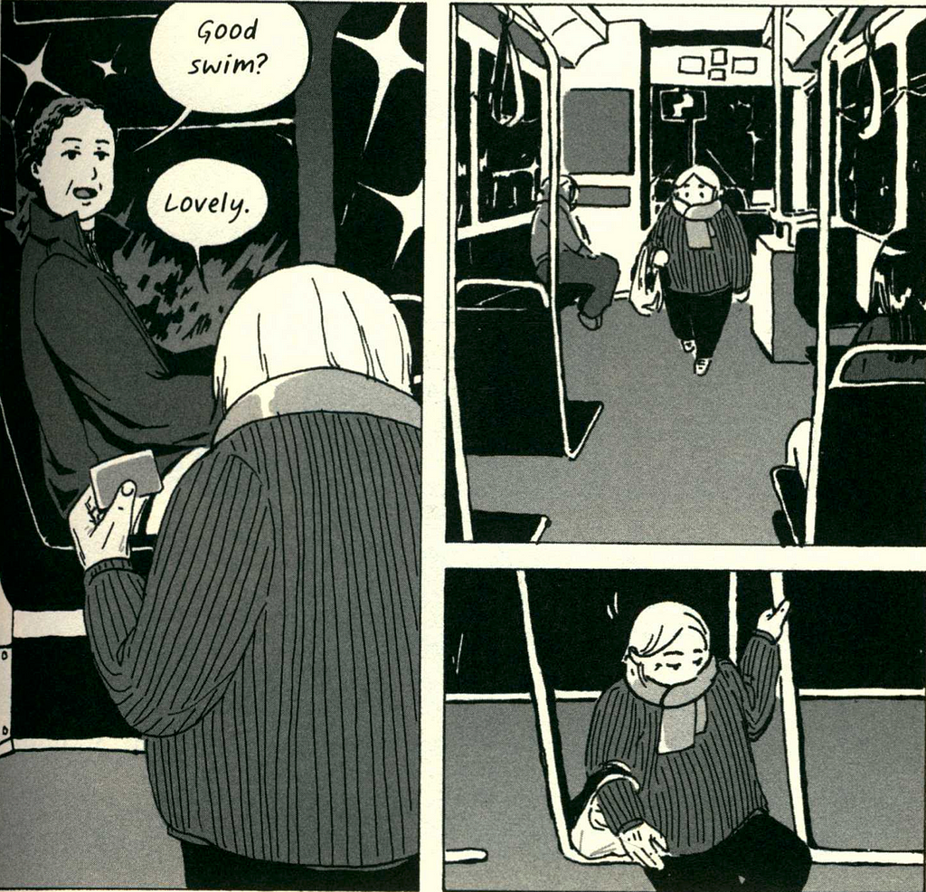 Kumiko gets on the bus and exchanges pleasantries with the driver who clearly knows her.