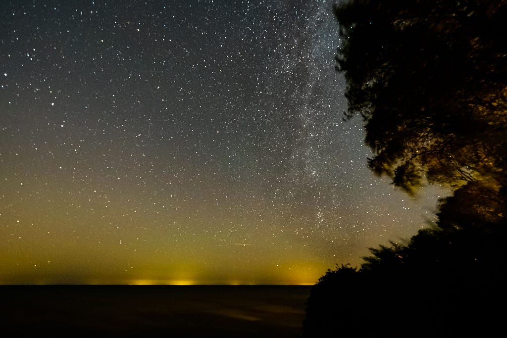 Night sky over Lake Ontario: stars, Milky Way, and Canadian skyglow