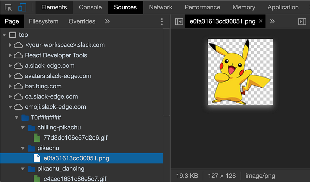 The file tree shows all the emojis in the browser with the T0##### emojis folder. There’s a waving Pikachu image.