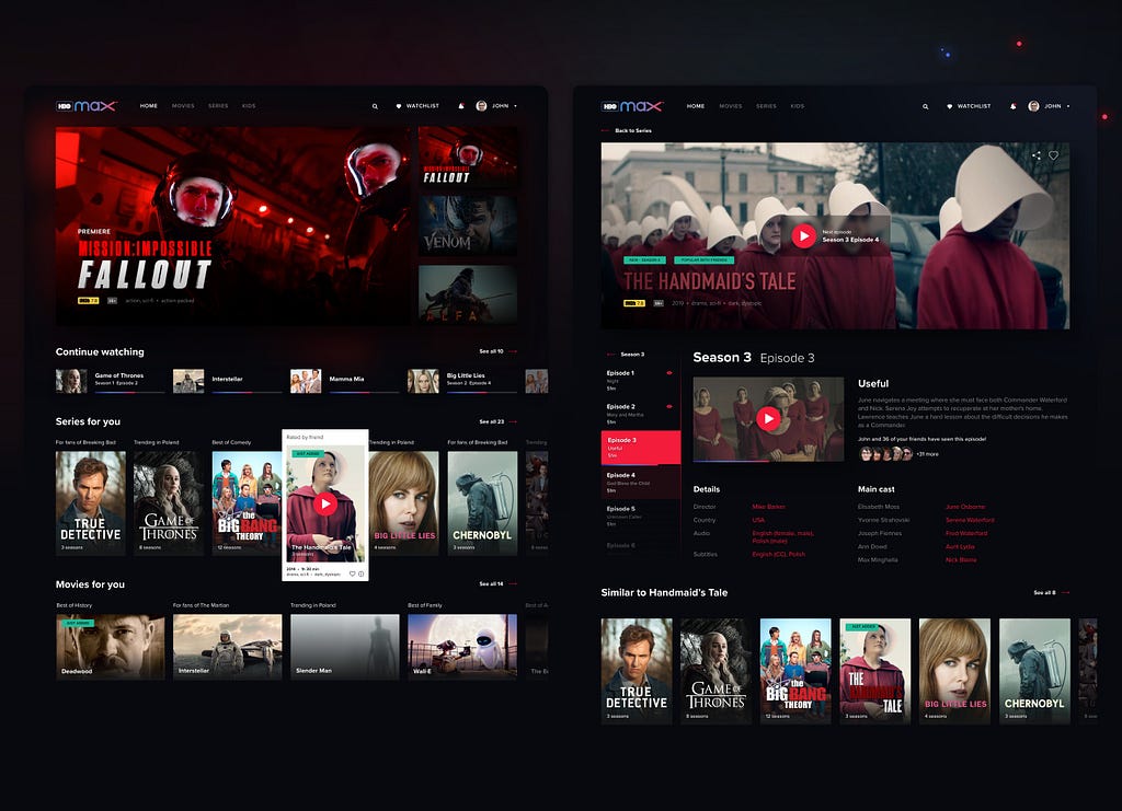 A static UI design project showing the homepage and the series episode pages of the platform.