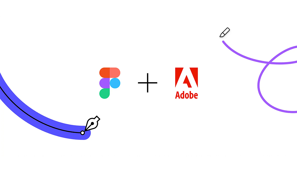 Figma logo and Adobe logo paired with a plus sign. The top right corner has a purple loop with brush tool icon and the bottom left corner has a blue stroke with pen tool icon.