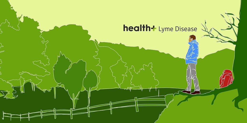 Illustration of a man overlooking trees from a hill. At the center is the title “health+ Lyme Disease.”