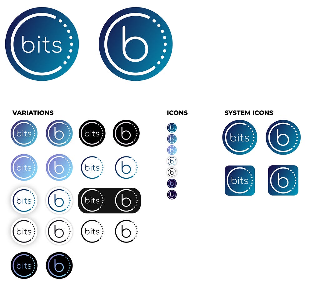 A pic with the logo, a blue circle with a white circle iside made with a long line and eight small points. One has the word bits written and othe just a B. It show colour and size alternatives.