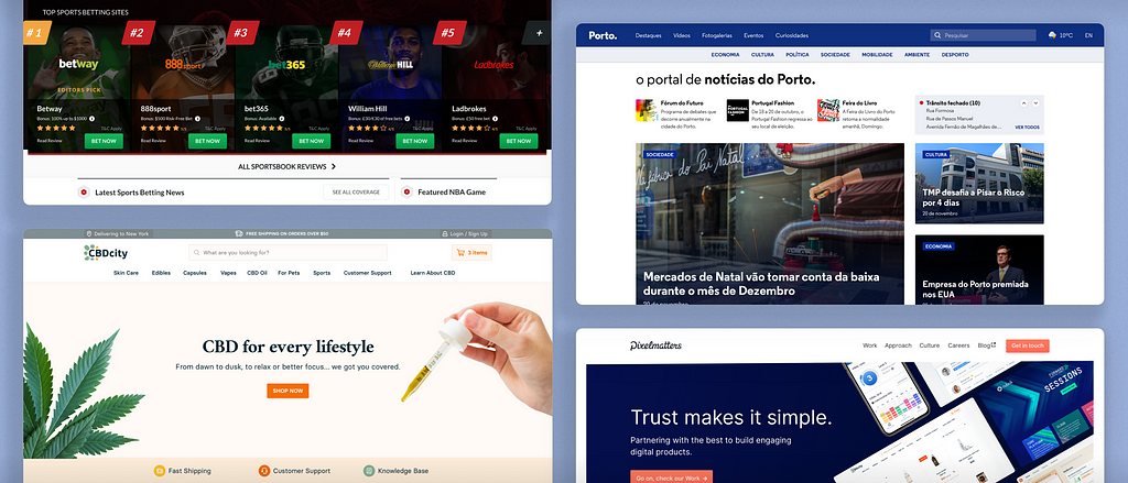 Screenshots of the websites discussed in the paragraph above: Sports Betting Dime, CBDcity, Porto., Pixelmatters
