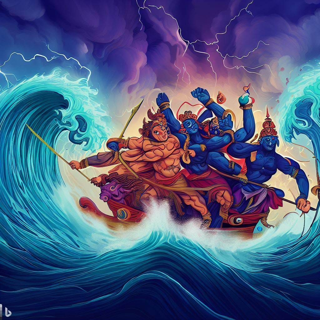 Representation of the hindu gods and demons churning the ocean, mirroring a collaborative UX design process where designers, developers, and stakeholders work together. The visual portrays the strength of unity and persistence, drawing a parallel between the mythological tale and the transformative journey of UX design.