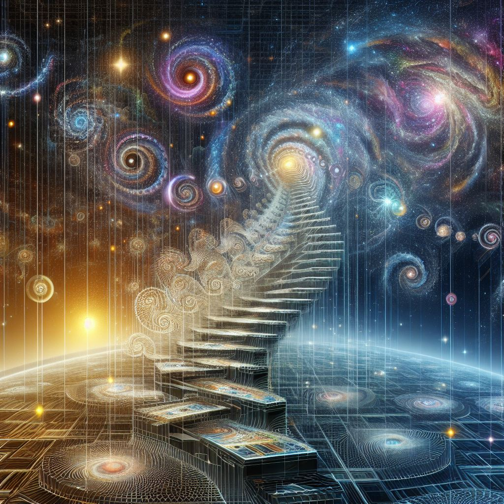A vision of the universe shows steps linking between galaxies, decorated with fractals and represent the transition from a novices single dimensional sequence of steps to a masters view of a multi-dimensional spacetime continuum