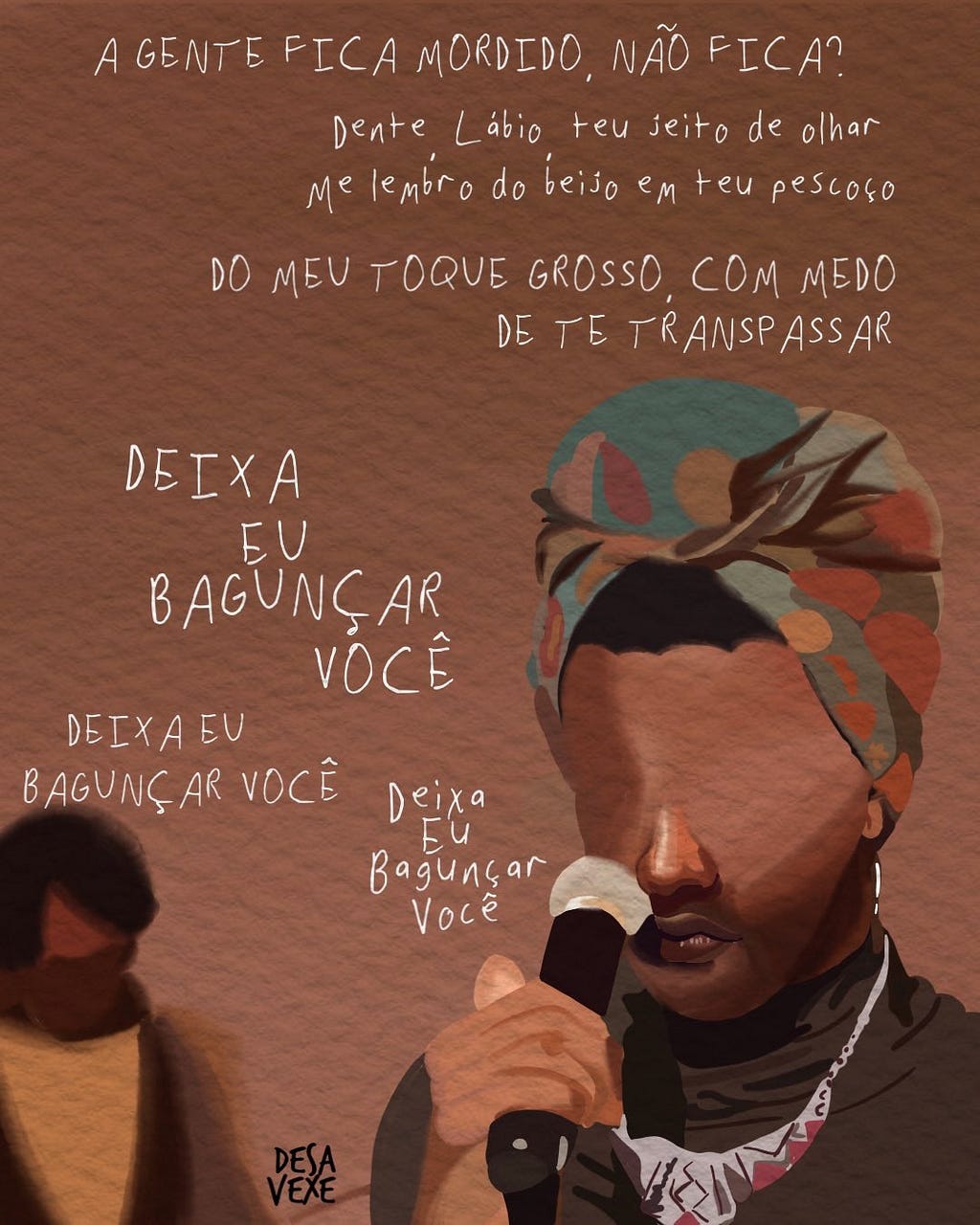 Letra da música Zero — liniker e os caramewlos escrita em branco, com um fundo marrom. Na frente, ilustração da cantora sem olhos, com um turbante colorido e camisa preta