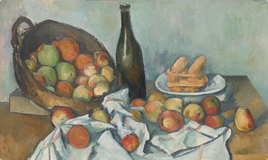 A still-life painting of a wicker basket tipped on its side spilling red and green apples, beside a dark bottle, a white cloth and a plate of stacked biscuits, the table edges visibly not aligning.
