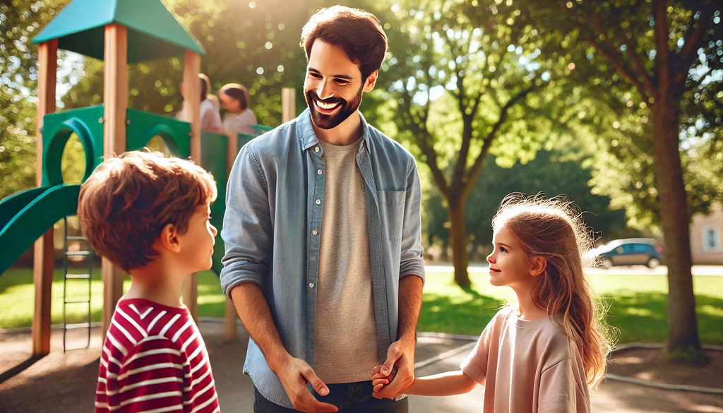 A friendly interaction between a man and a woman with their kids at a park.