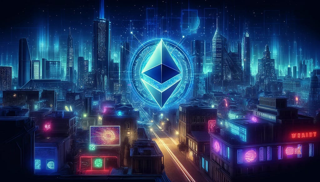 ethereum logo in the center. city lights in the backg