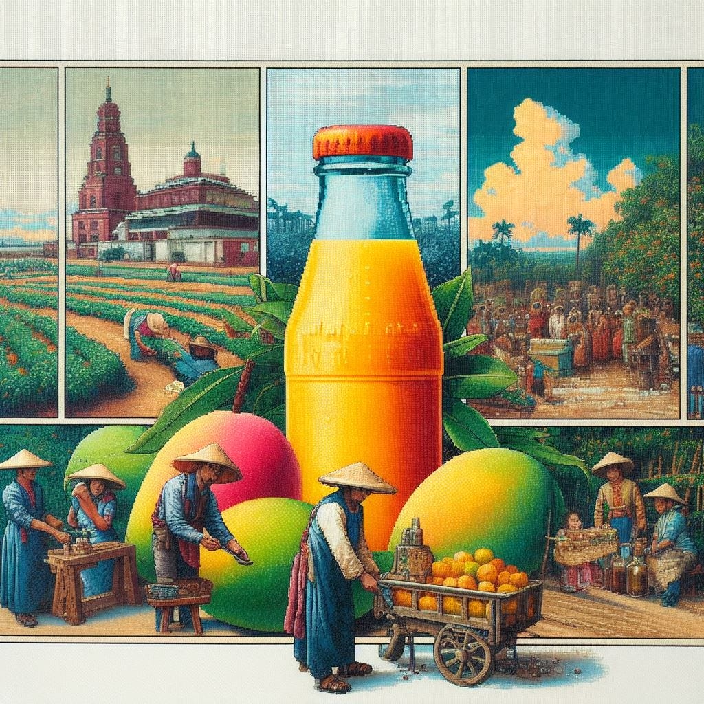 A colorful painting of a collage of 3 images, first is a bottle of mango juice, second is an image of mango farm, third is an image of mango farmers, in the style of 1800s, pixel art