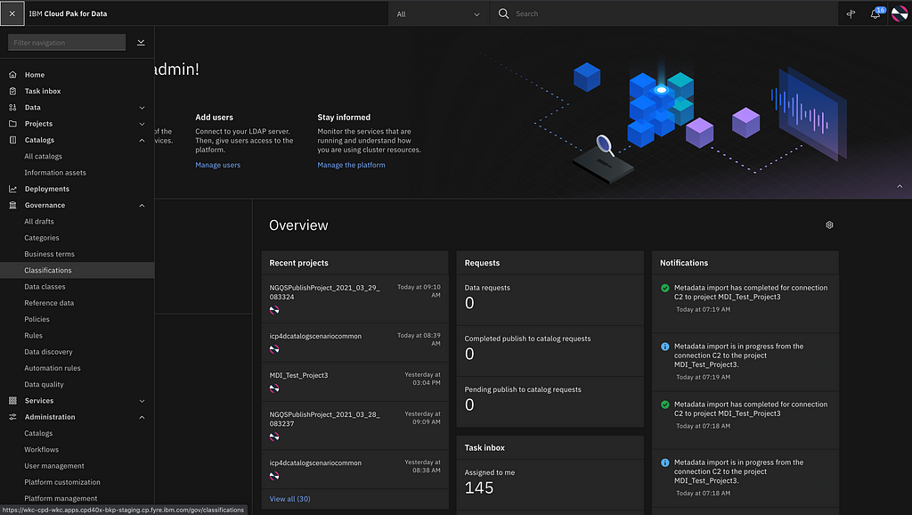 screenshot of the Cloud Pak for Data dashboard with a navigation menu open to the left with “Classification” under the “Governance” section highlighted