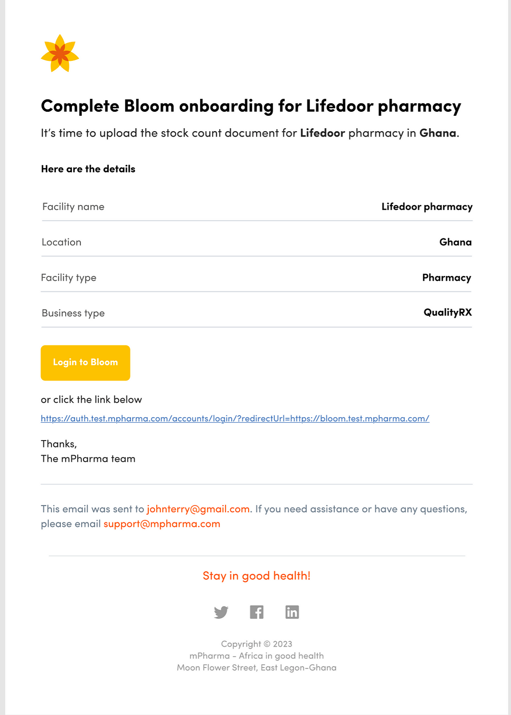 Email template prompting a user to “Login to Bloom” to upload a document