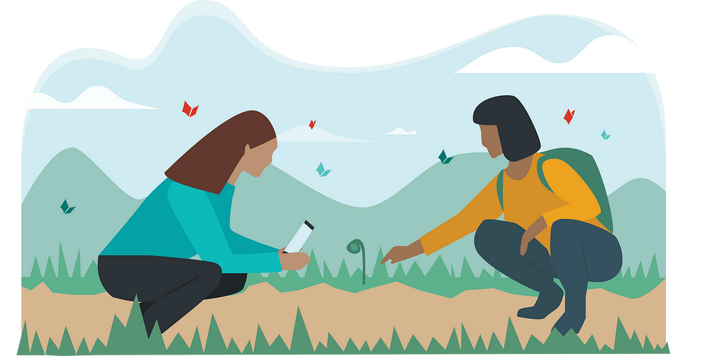 Two illustrated figures in hiking and looking at their mobile device