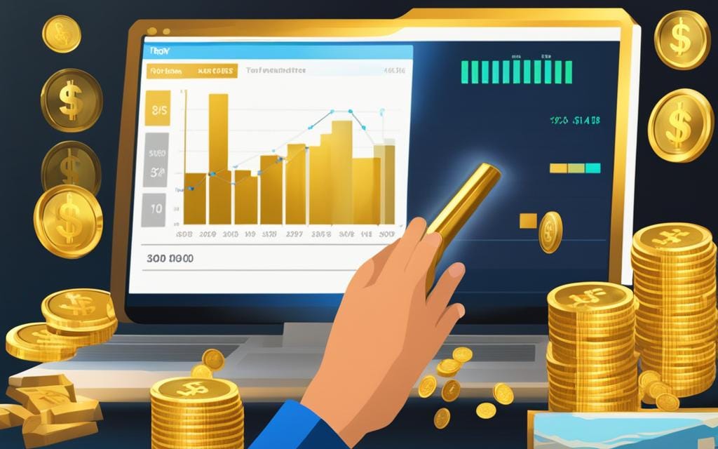 Cartoon image of a hand pointing at a computer screen with bar-charts and gold coins int he background.