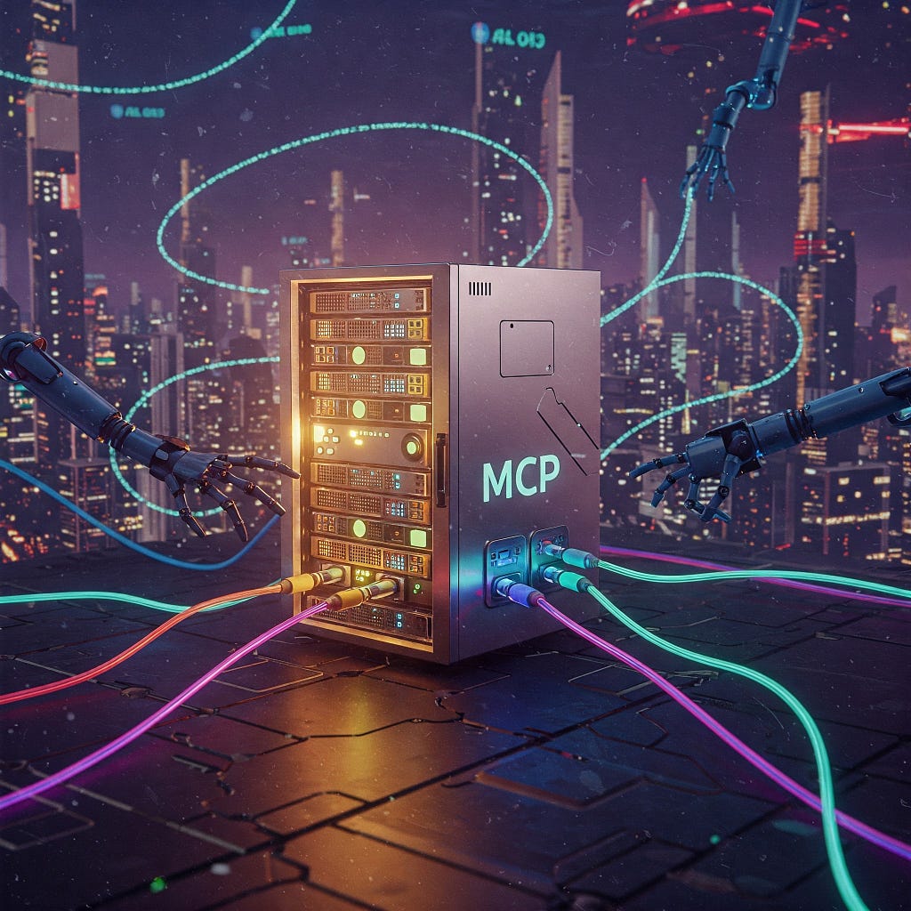 Retro sci-fi illustration of an MCP server connecting with multiple AI agents.