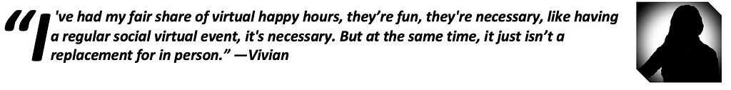 “I’ve had my fair share of virtual happy hours, they’re fun, they’re necessary, like having a regular social virtual event, it’s necessary. But at the same time, it just isn’t a replacement for in person.”—Vivian