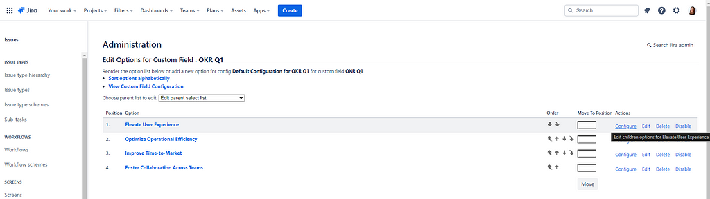 Configure Key Results as child issues in select list cascading custom fields in Jira for OKRs