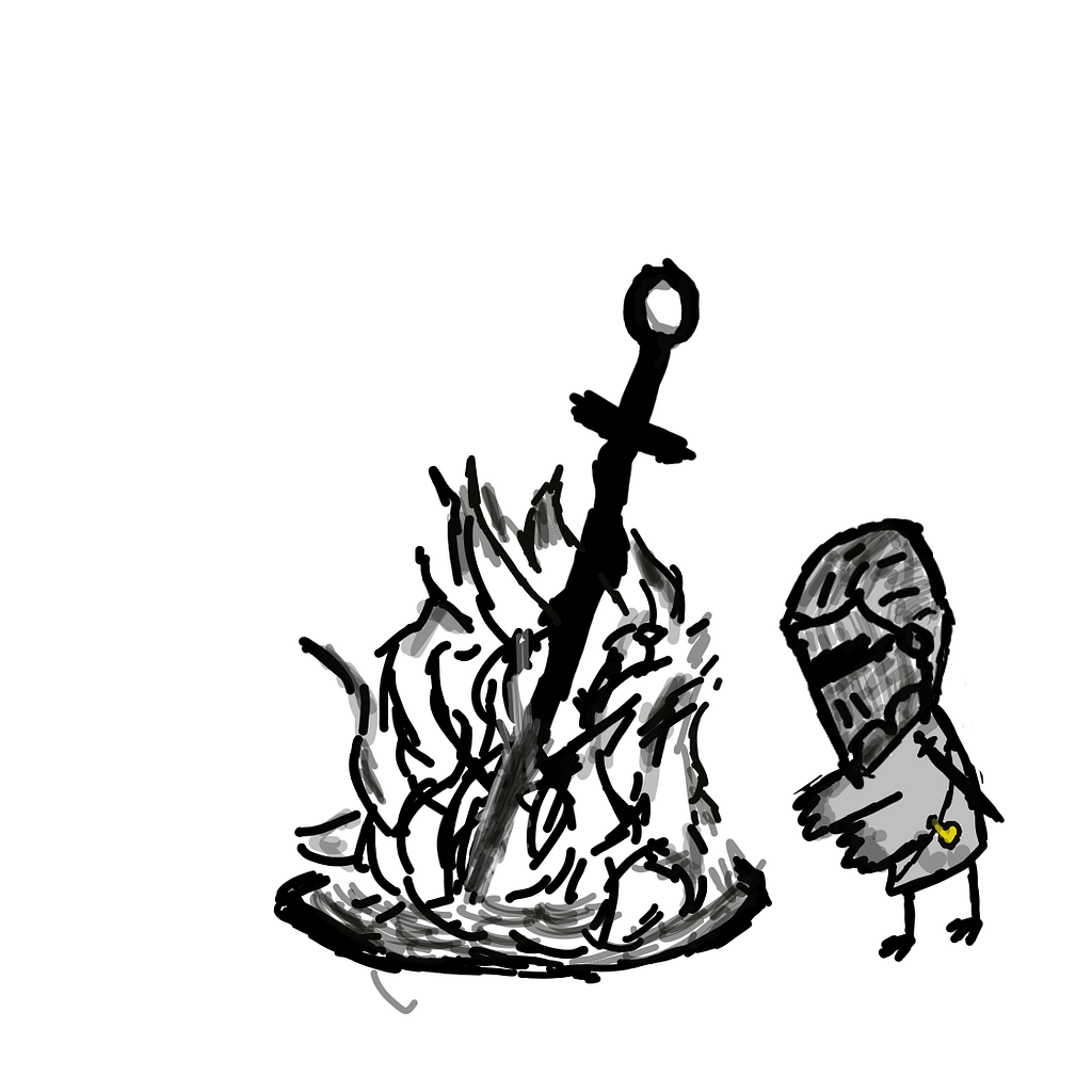 Picture of a bird with a helment next to a bonefire