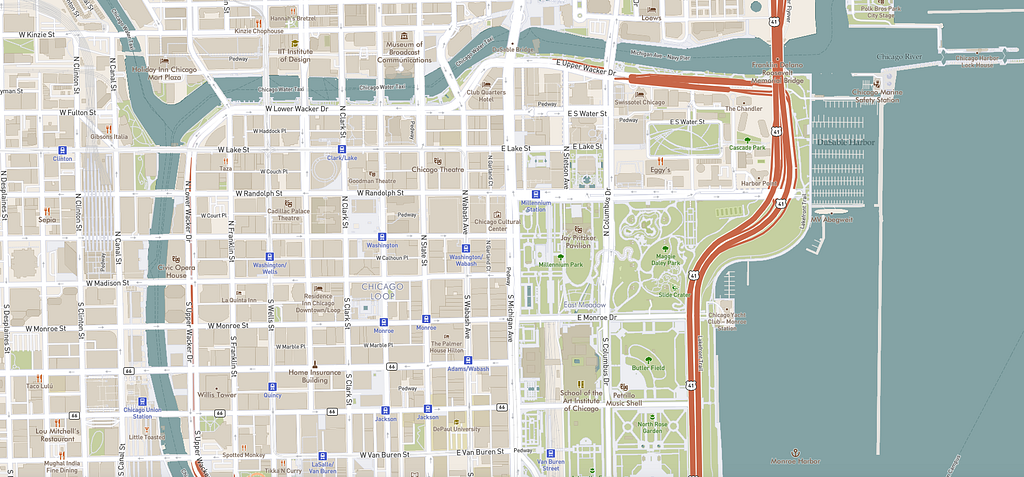 Prototype design created in Mapbox Studio, focused on downtown Chicago, influenced by vintage maps