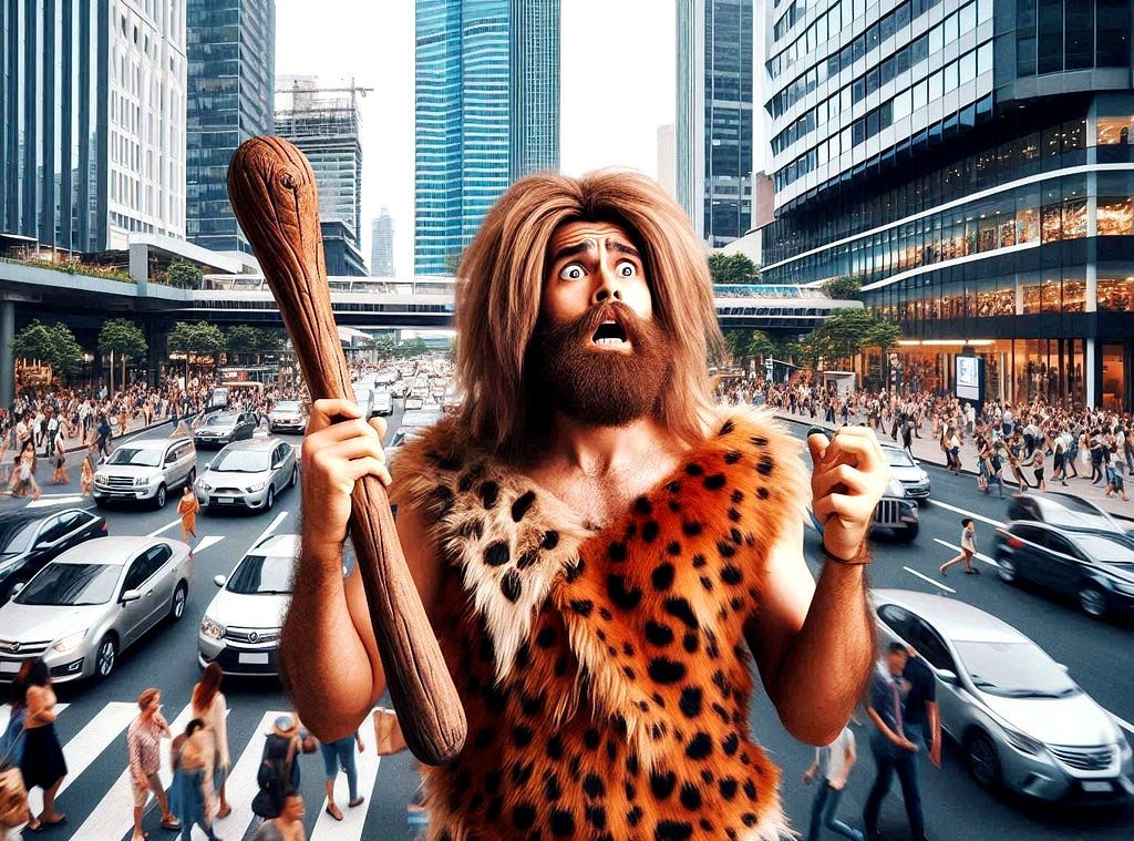 A caveman gapes in horror at a scene of hectic traffic and thronging pedestrians under rows of skyscrapers.