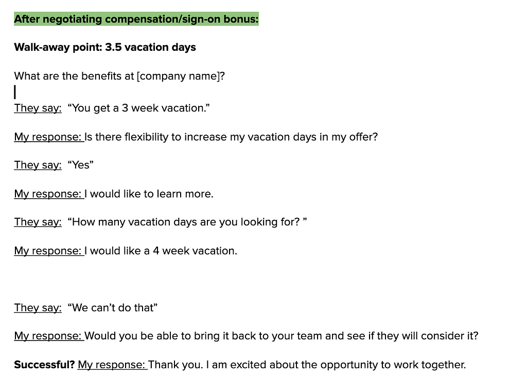 A sample script for negotiating benefits